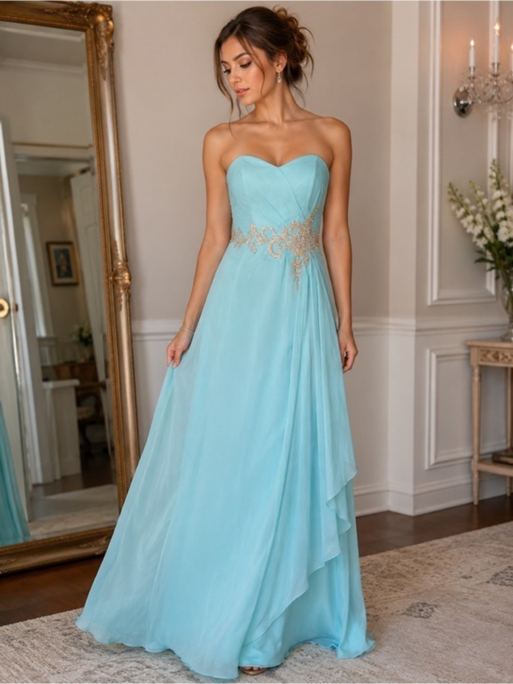 B’Dazzle Light Blue Chiffon Gown Size 12 Strapless Beaded Prom Dress